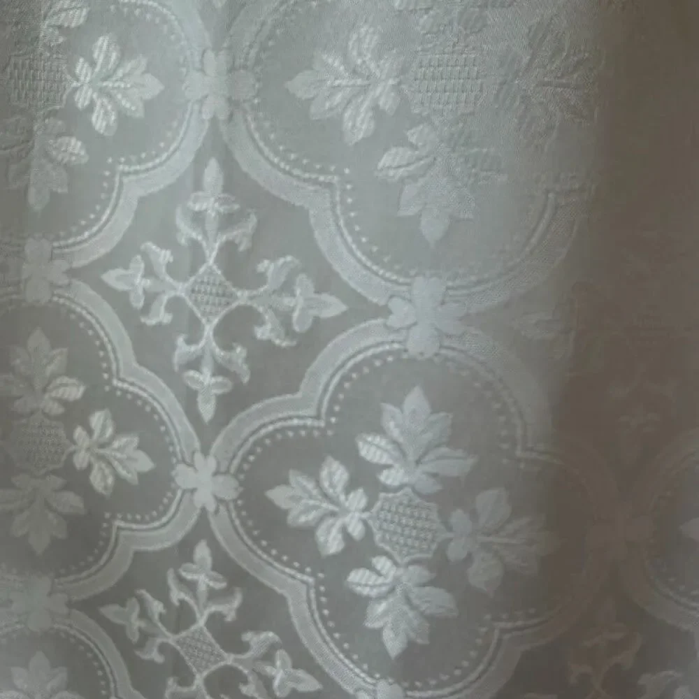 White Tone on Tone Shower Curtain with Built-In Valance Jacquard Damask Pattern